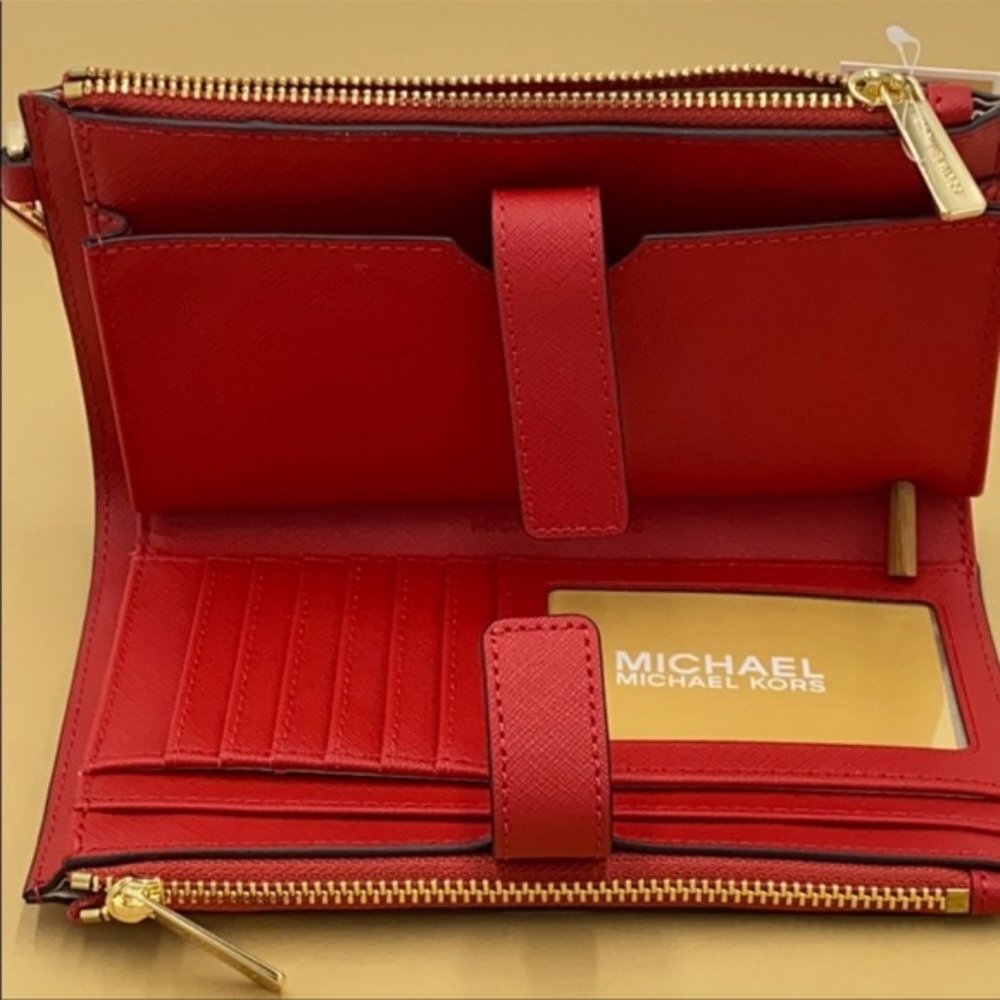 Michael Kors Jet Set Travel Large Double Zip Wallet Wristlet Leather Flame - Picture 10 of 16